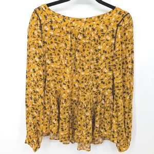 Maeve Peplum Blouse Womens XS Mustard Yellow Floral Long Sleeve Cottagecore